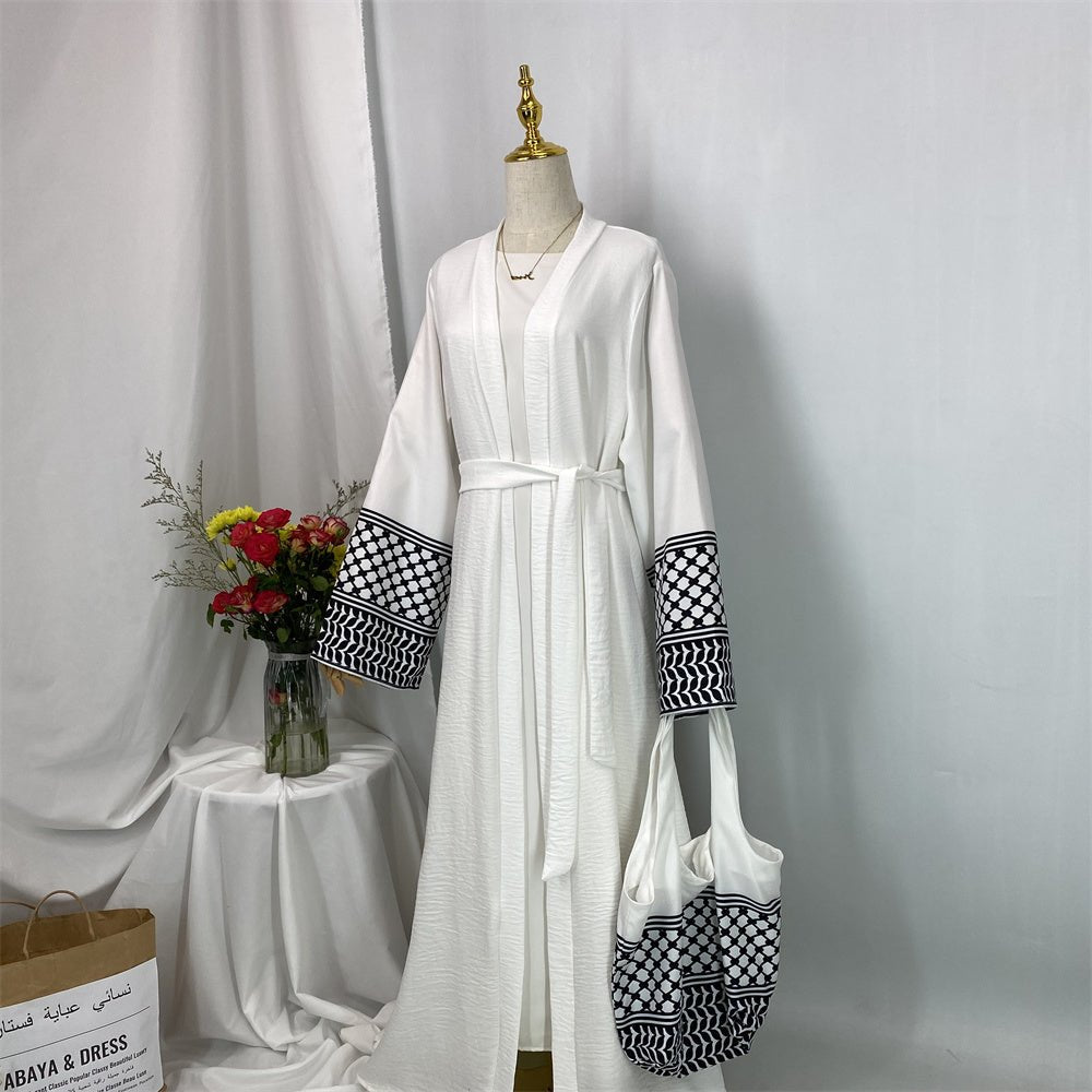 
                  
                    Linen Two Piece Keffiyeh Open Abaya Set in White - Modest Linen Abaya with Keffiyeh Print and Inner Dress
                  
                