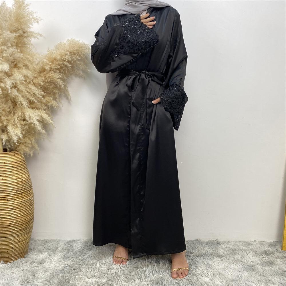 
                  
                    Premium Satin Lace Open Kimono Sleeve Abaya - Norah Collections Black Modest Elegant Abaya for Women
                  
                