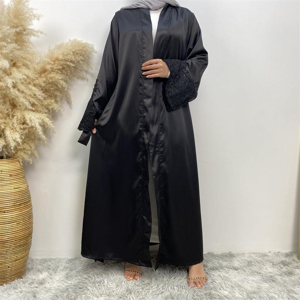 Premium Satin Lace Open Kimono Sleeve Abaya - Norah Collections Black Modest Elegant Abaya for Women