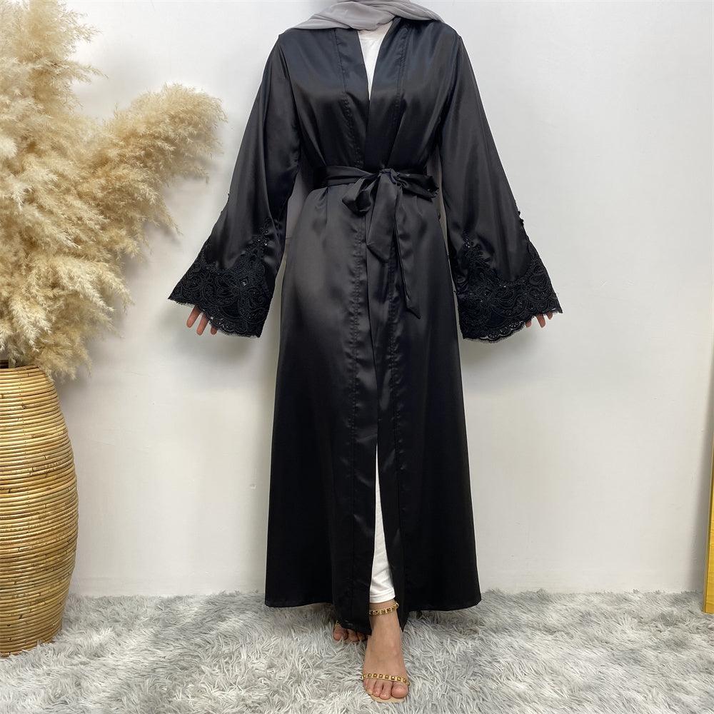 
                  
                    Premium Satin Lace Open Kimono Sleeve Abaya - Norah Collections Black Modest Elegant Abaya for Women
                  
                