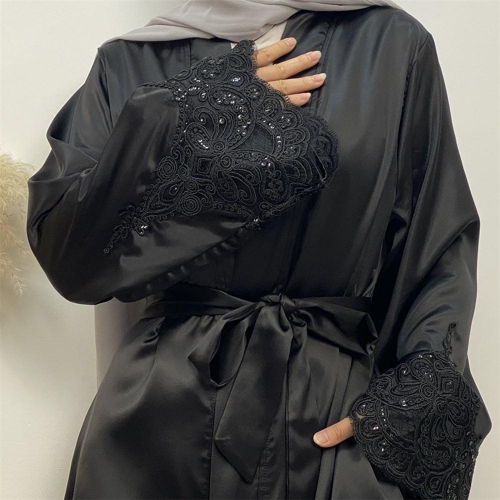 
                  
                    Premium Satin Lace Open Kimono Sleeve Abaya - Norah Collections Black Modest Elegant Abaya for Women
                  
                