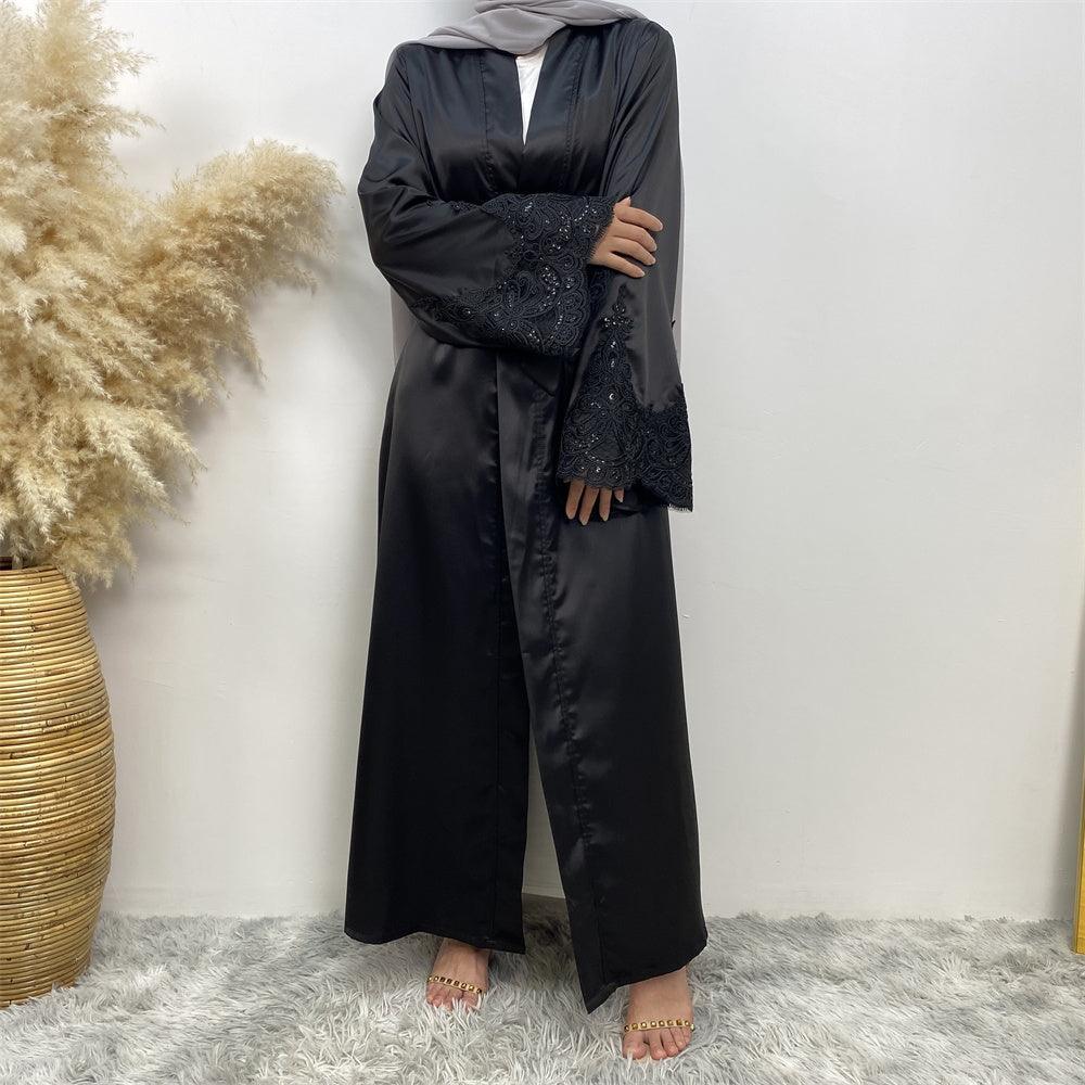 
                  
                    Premium Satin Lace Open Kimono Sleeve Abaya - Norah Collections Black Modest Elegant Abaya for Women
                  
                