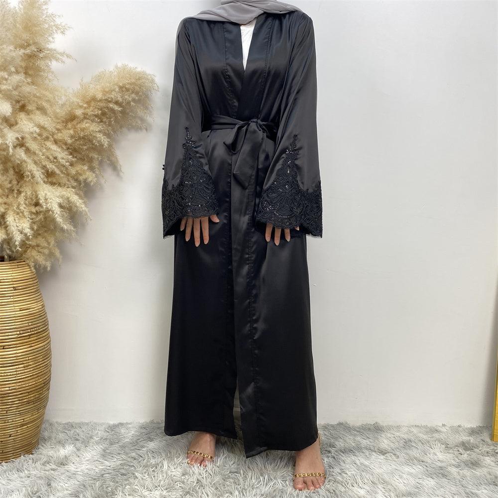
                  
                    Premium Satin Lace Open Kimono Sleeve Abaya - Norah Collections Black Modest Elegant Abaya for Women
                  
                