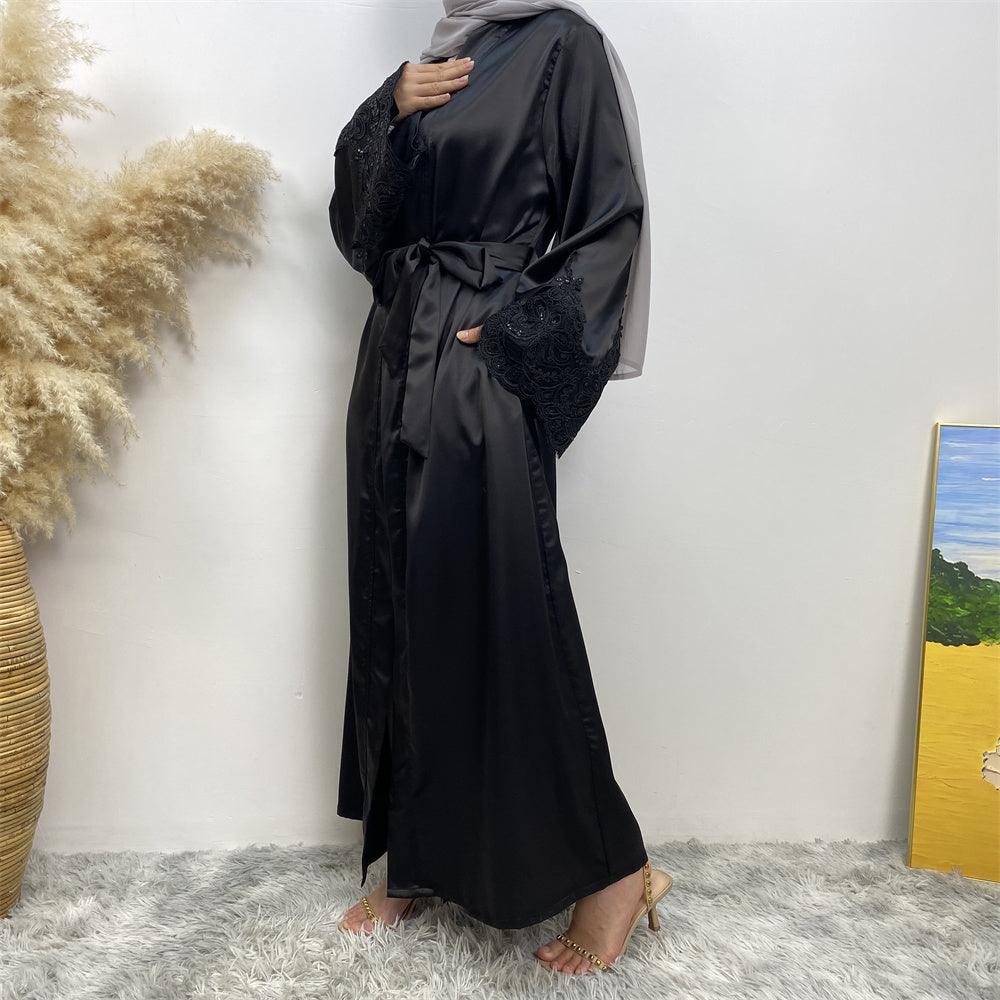 
                  
                    Premium Satin Lace Open Kimono Sleeve Abaya - Norah Collections Black Modest Elegant Abaya for Women
                  
                