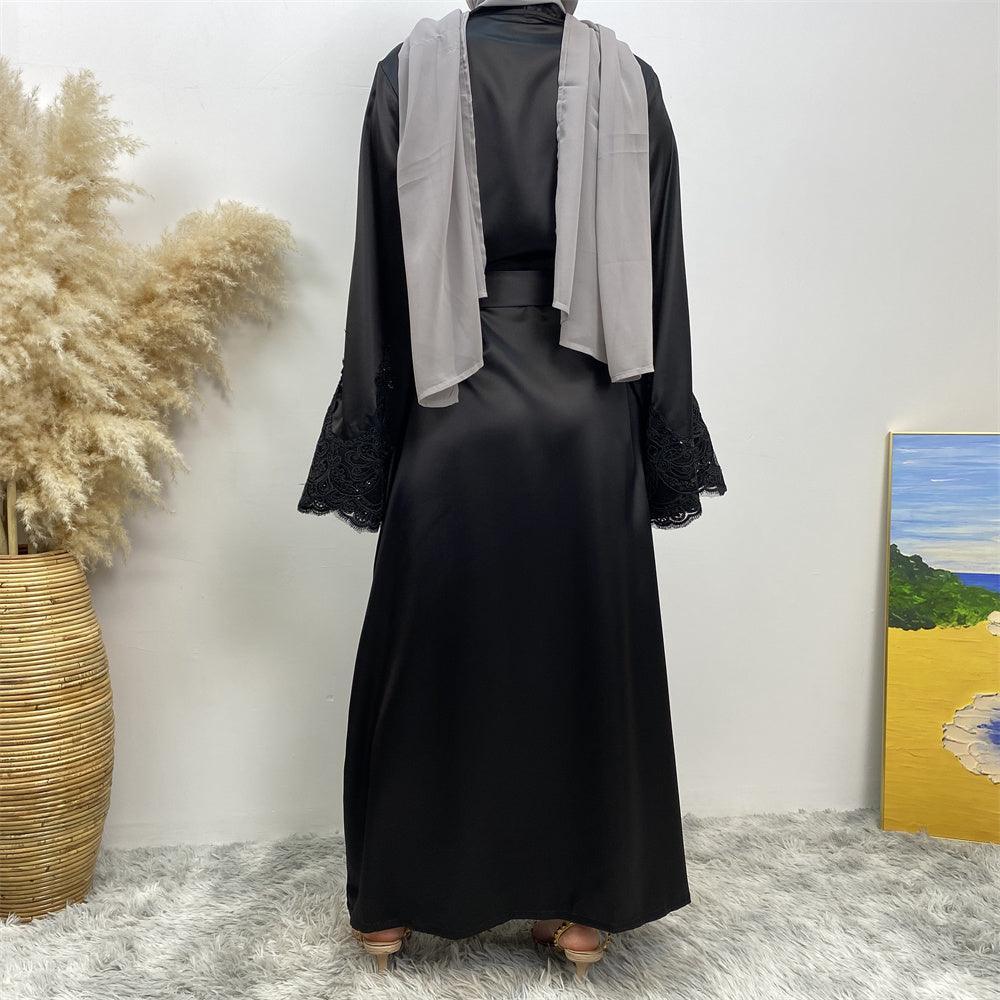 
                  
                    Premium Satin Lace Open Kimono Sleeve Abaya - Norah Collections Black Modest Elegant Abaya for Women
                  
                