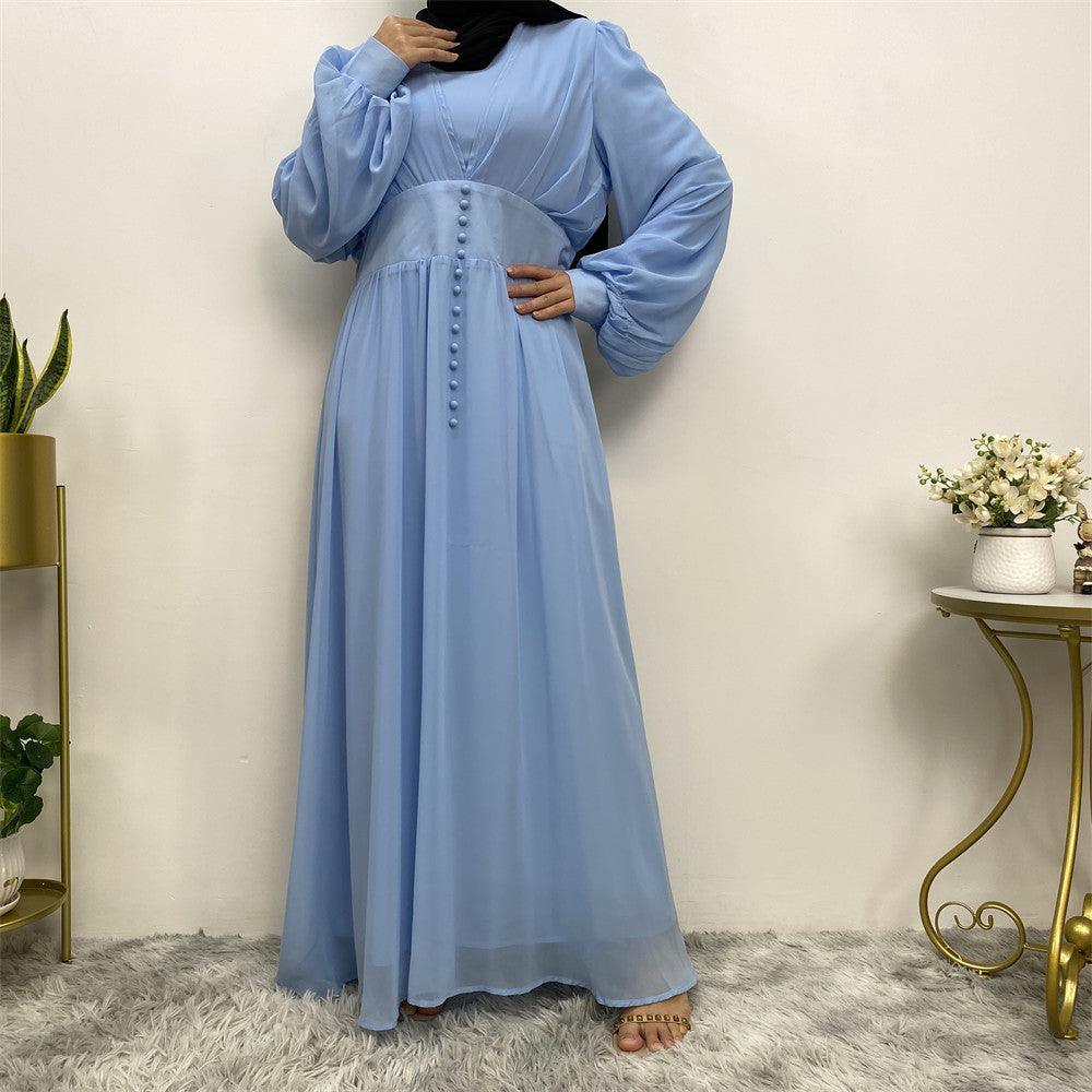 
                  
                    Buttoned Puff Sleeve Chiffon Abaya - Norah Collections Blue Modest Elegant Abaya for Women
                  
                