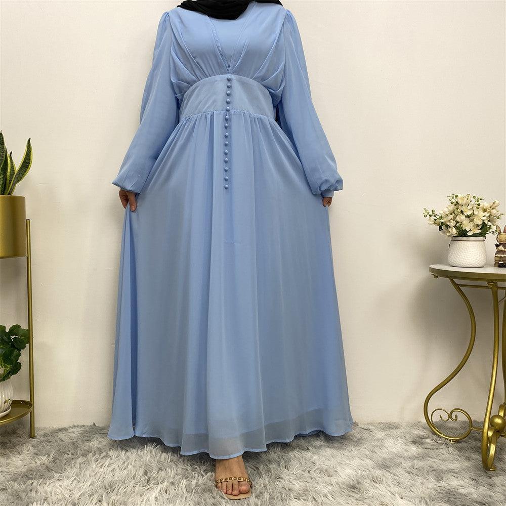 
                  
                    Buttoned Puff Sleeve Chiffon Abaya - Norah Collections Blue Modest Elegant Abaya for Women
                  
                