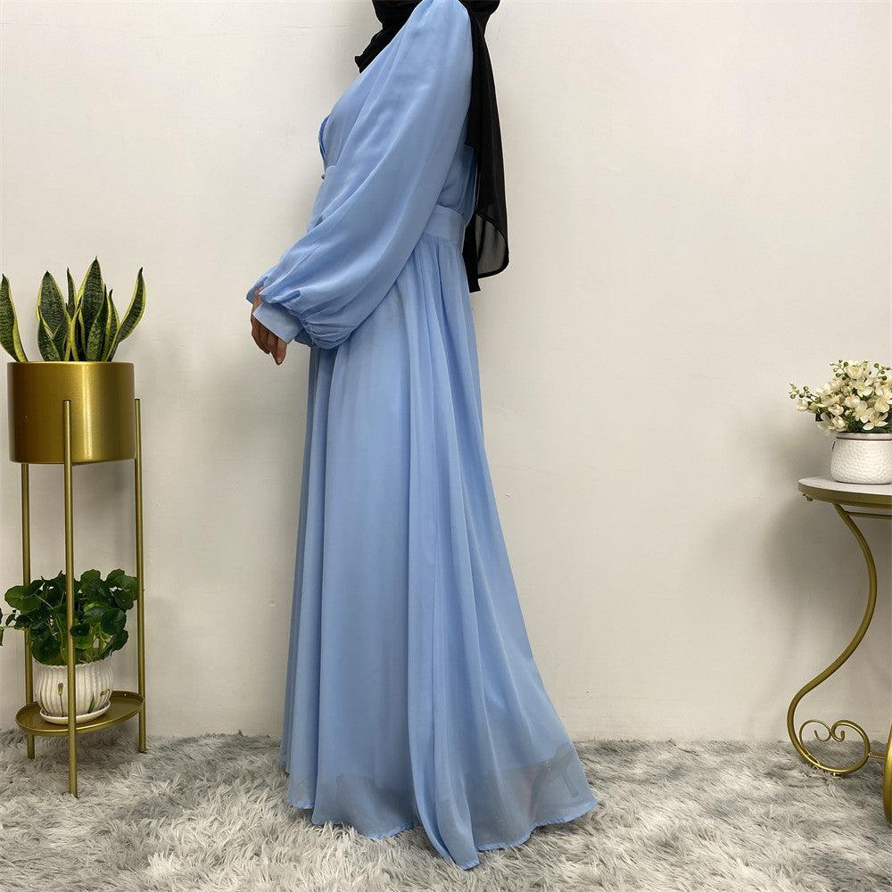 
                  
                    Buttoned Puff Sleeve Chiffon Abaya - Norah Collections Blue Modest Elegant Abaya for Women
                  
                