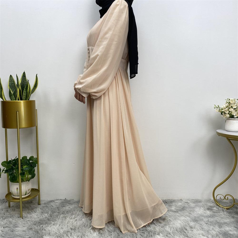 
                  
                    Buttoned Puff Sleeve Chiffon Abaya - Norah Collections Beige Modest Elegant Abaya for Women
                  
                