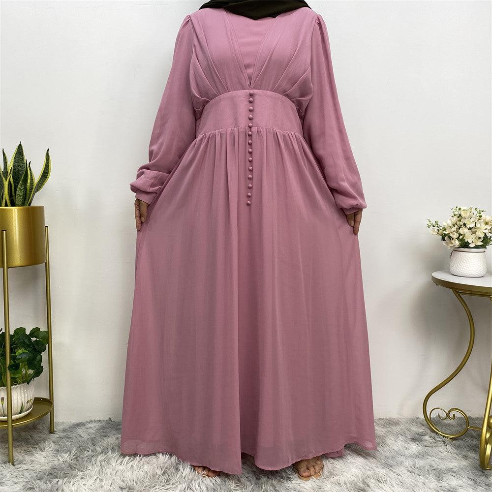 
                  
                    Buttoned Puff Sleeve Chiffon Abaya - Norah Collections Pink Modest Elegant Abaya for Women
                  
                