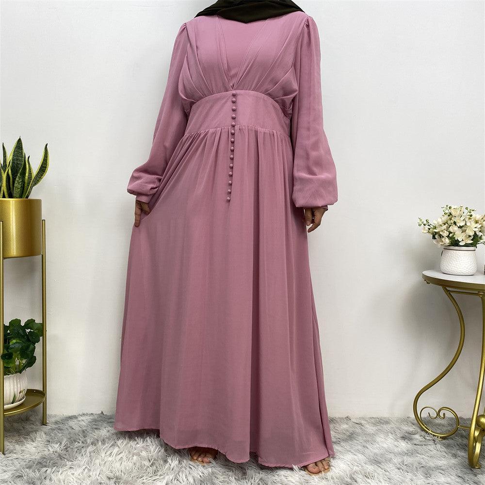 Buttoned Puff Sleeve Chiffon Abaya - Norah Collections Pink Modest Elegant Abaya for Women