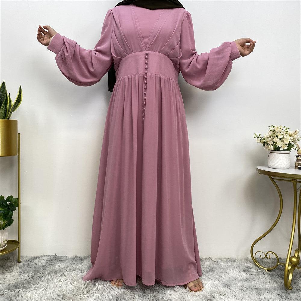 
                  
                    Buttoned Puff Sleeve Chiffon Abaya - Norah Collections Pink Modest Elegant Abaya for Women
                  
                