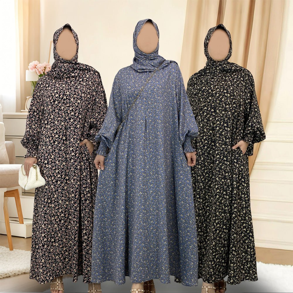 
                  
                    Floral Hooded Front-Zip Abaya in Beige - Modest Abaya with Floral Print and Zipper Closure
                  
                