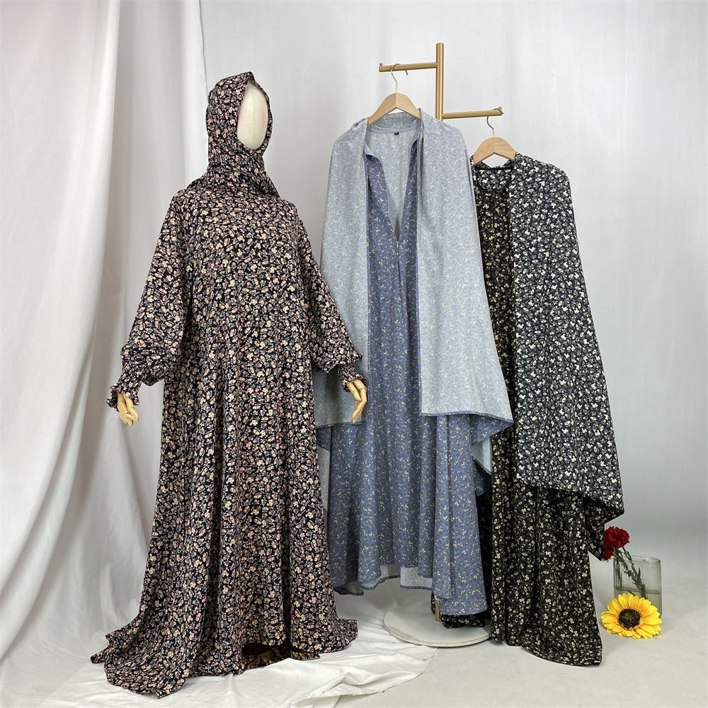 
                  
                    Floral Hooded Front-Zip Abaya in Beige - Modest Abaya with Floral Print and Zipper Closure
                  
                