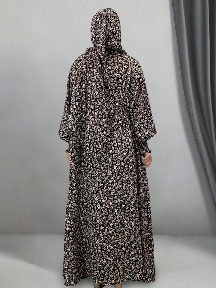 
                  
                    Floral Hooded Front-Zip Abaya in Beige - Modest Abaya with Floral Print and Zipper Closure
                  
                