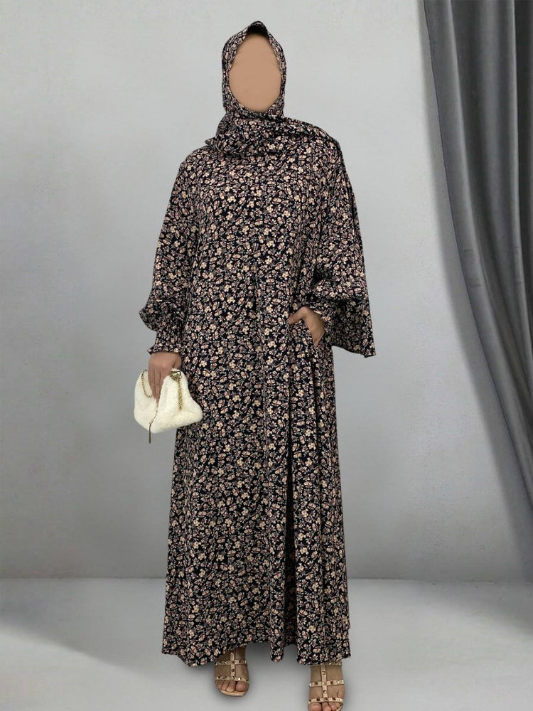 
                  
                    Floral Hooded Front-Zip Abaya in Beige - Modest Abaya with Floral Print and Zipper Closure
                  
                