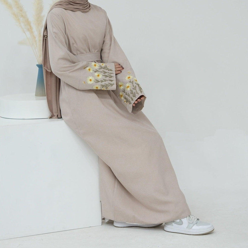 
                  
                    Casual Embroidered Linen Abaya - Norah Collections Yellow flower Modest Elegant Abaya for Women
                  
                