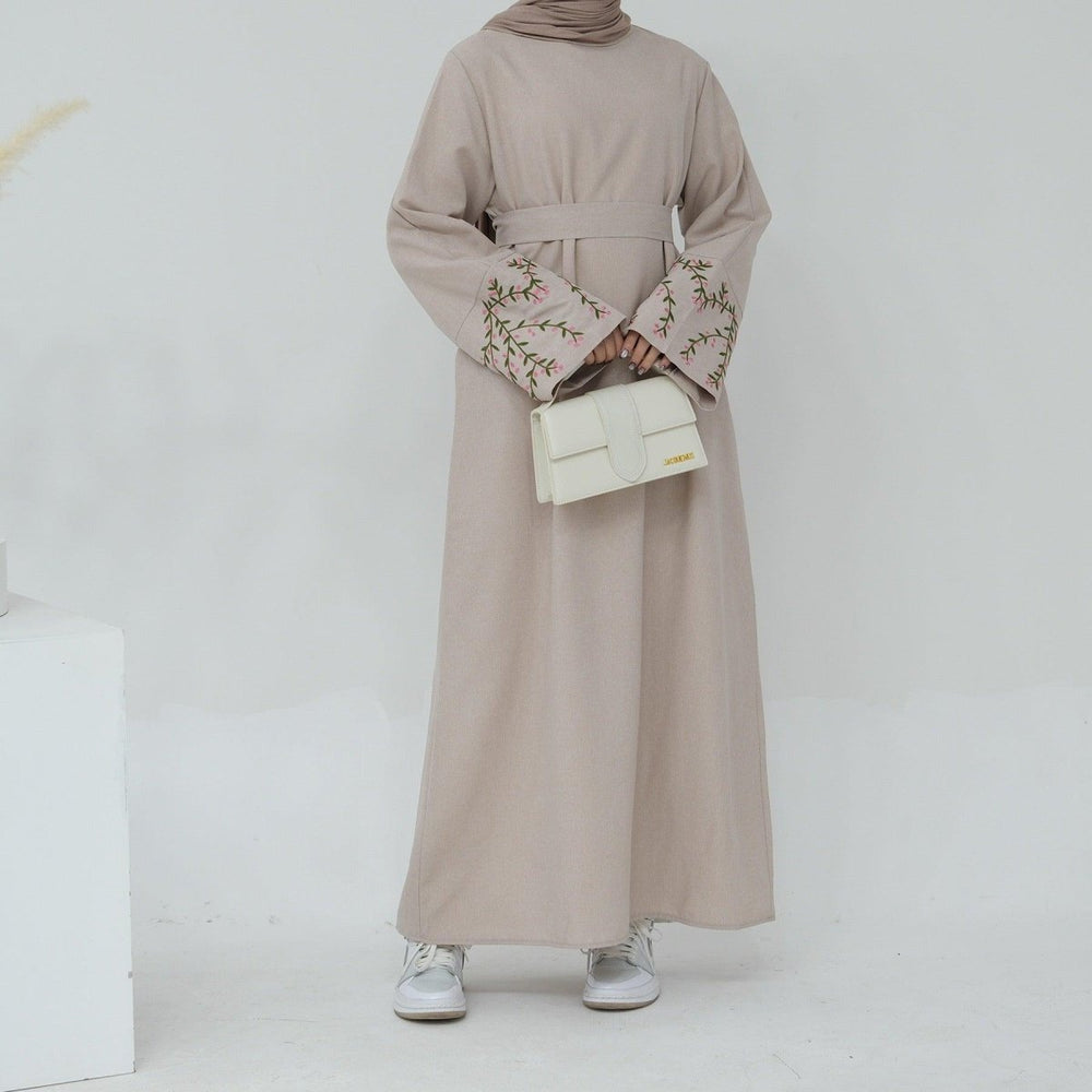 
                  
                    Casual Embroidered Linen Abaya - Norah Collections Pink flower Modest Elegant Abaya for Women
                  
                