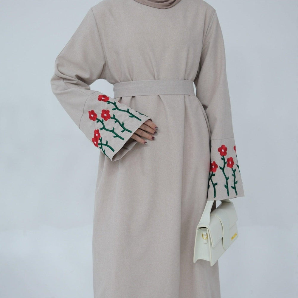 
                  
                    Casual Embroidered Linen Abaya - Norah Collections Red flower Modest Elegant Abaya for Women
                  
                