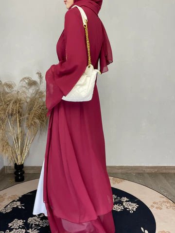 
                  
                    Three Piece Chiffon Abaya Set - Norah Collections Red Modest Elegant Abaya for Women
                  
                