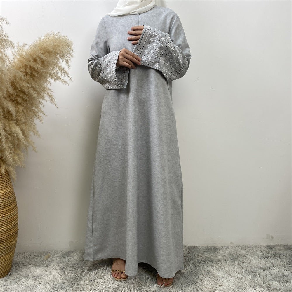 Embroidered Kimono Sleeve Abaya - Norah Collections Light Grey Modest Elegant Abaya for Women
