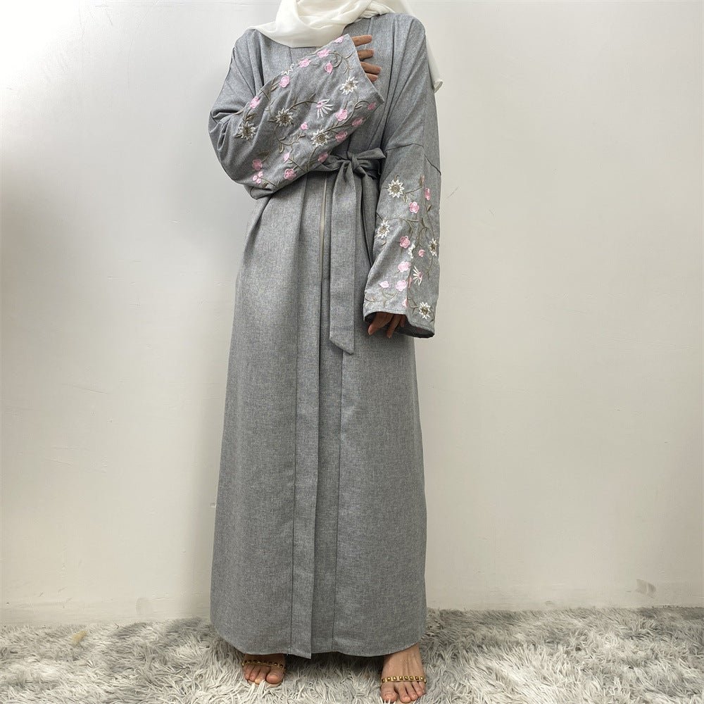Embroidered Open Kimono Sleeve Abaya - Norah Collections Grey Modest Elegant Abaya for Women