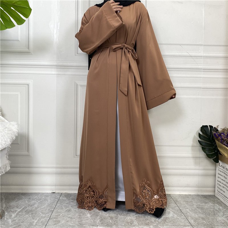 Simple Lace Kimono Sleeve Open Abaya - Norah Collections Brown Modest Elegant Abaya for Women