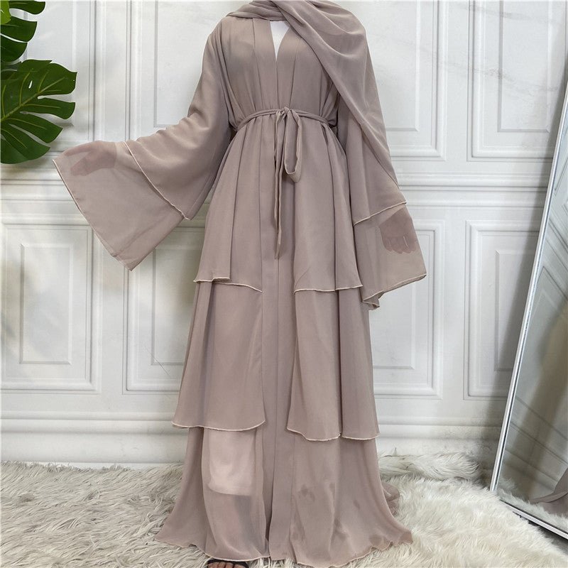Chiffon Three Layer Kimono Sleeve Open Abaya - Norah Collections Cream Modest Elegant Abaya for Women